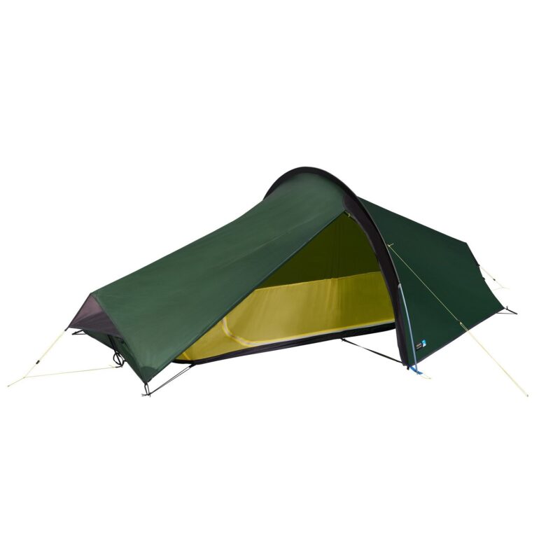 Dark green single-arch backpacking tent with a yellow inner sleeping area, black pole frame and taut guy lines, shown pitched on a white background.