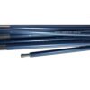 Blue anodised telescopic tent poles stacked together, showing several tubular segments and a metal pin connector at one end.