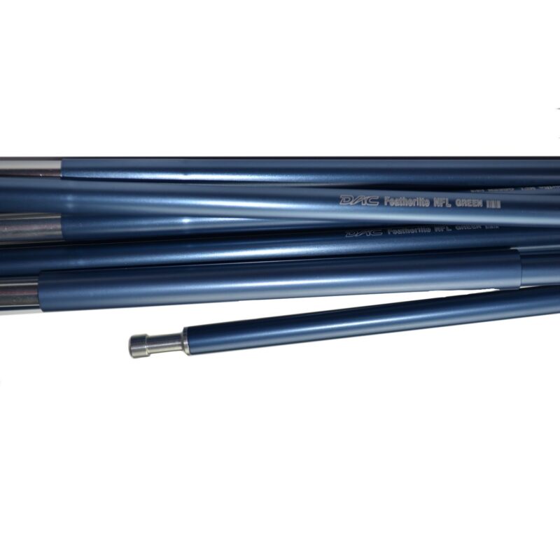 Blue anodised telescopic tent poles stacked together, showing several tubular segments and a metal pin connector at one end.