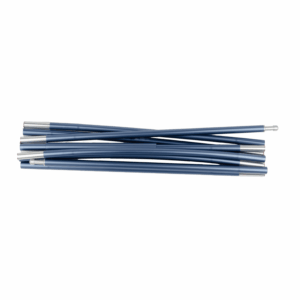 Stack of blue segmented aluminium tent poles with silver ferrules and internal shock-cord connectors, arranged horizontally on a white background