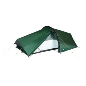 Low-profile dark green tunnel backpacking tent with a partially opened flysheet showing the white inner mesh and black bathtub groundsheet, staked out with yellow guy lines.
