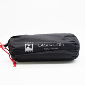 Black cylindrical stuff sack with white Terra Nova logo and the text Laser Lite 1 Footprint, closed with red drawcords
