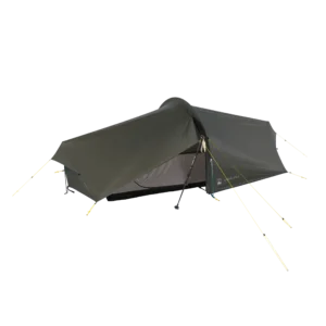 Low-profile olive-green one-person backpacking tarp tent pitched using a trekking pole at the entrance, with a covered mesh inner and several yellow guylines staked out.