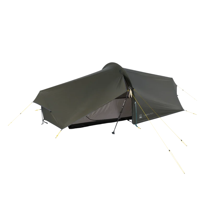 Low-profile olive-green one-person backpacking tarp tent pitched using a trekking pole at the entrance, with a covered mesh inner and several yellow guylines staked out.