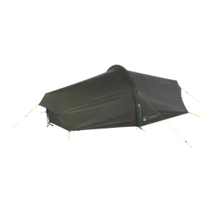 Low-profile olive-green two-person tunnel tent labelled "Laser Lite 2", staked out with yellow guy lines and a zipped entrance against a black background.