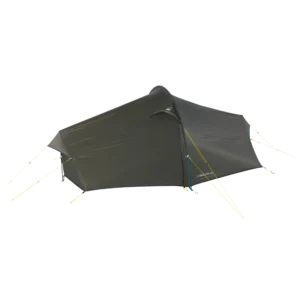 Dark olive-green tunnel-style camping tent with a low aerodynamic profile and a single side entrance under a small peaked awning, supported by visible poles and yellow guylines, shown isolated on a black background.