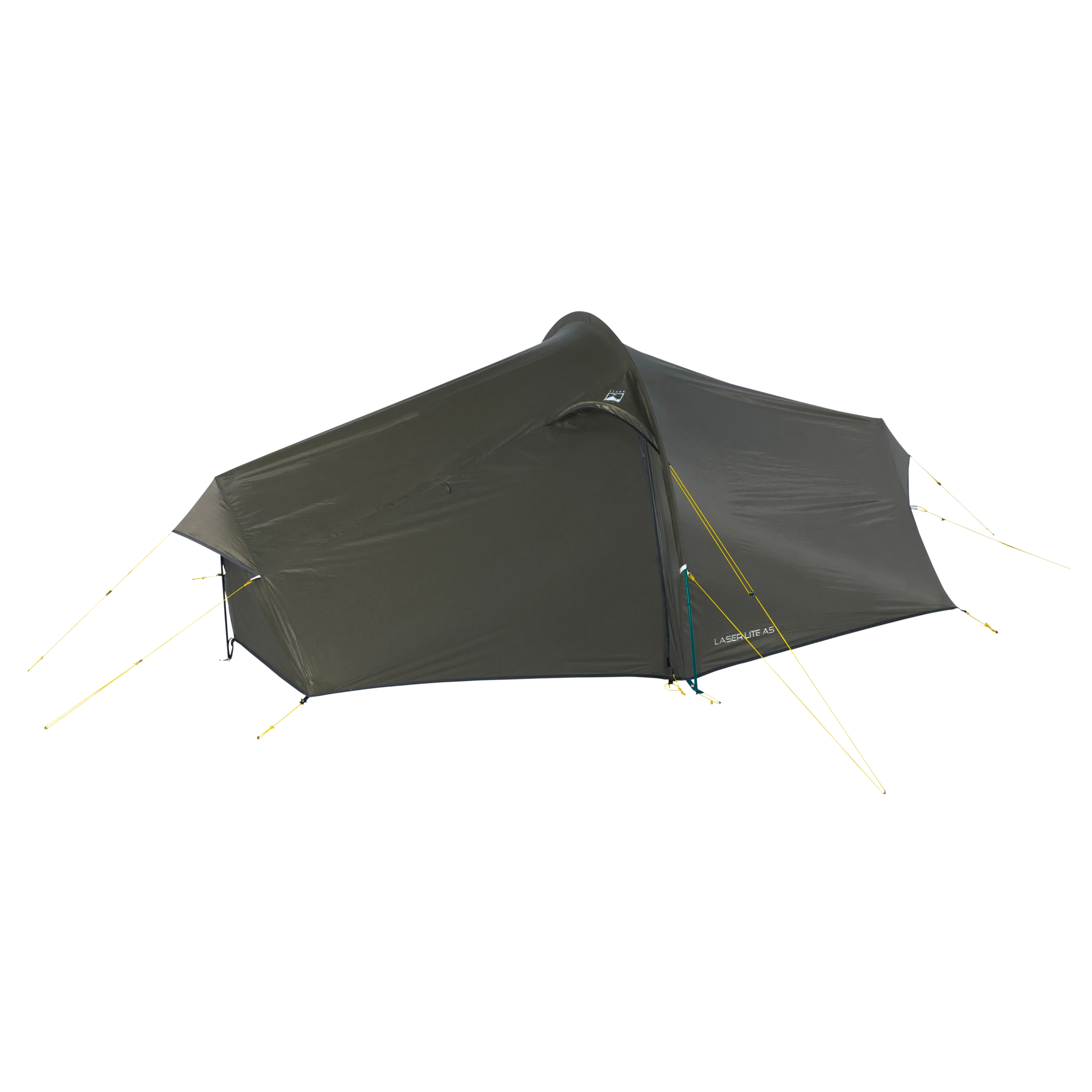 Laser-Lite-AS-1-CO-3.webp Dark olive-green tunnel-style camping tent with a low aerodynamic profile and a single side entrance under a small peaked awning, supported by visible poles and yellow guylines, shown isolated on a black background.