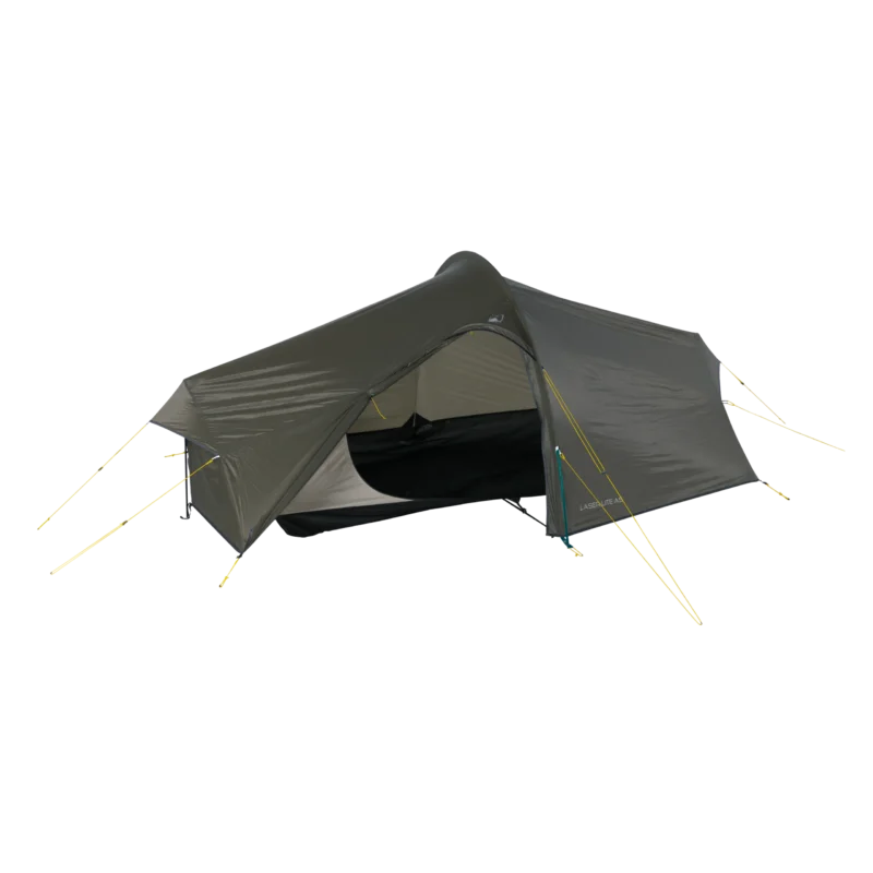 Low-profile olive-green tunnel tent with an open arched doorway showing light-coloured inner mesh and a dark groundsheet, held taut by multiple yellow guy lines and pegs.
