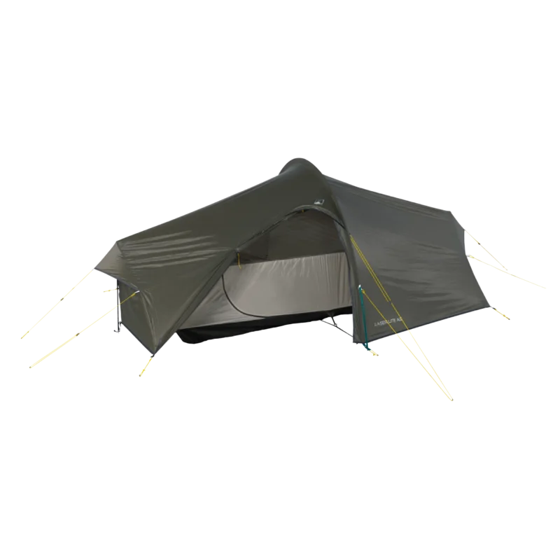 Olive-green lightweight tunnel tent with an open mesh inner sleeping compartment and extended front vestibule supported by yellow guylines, shown isolated on a black background.