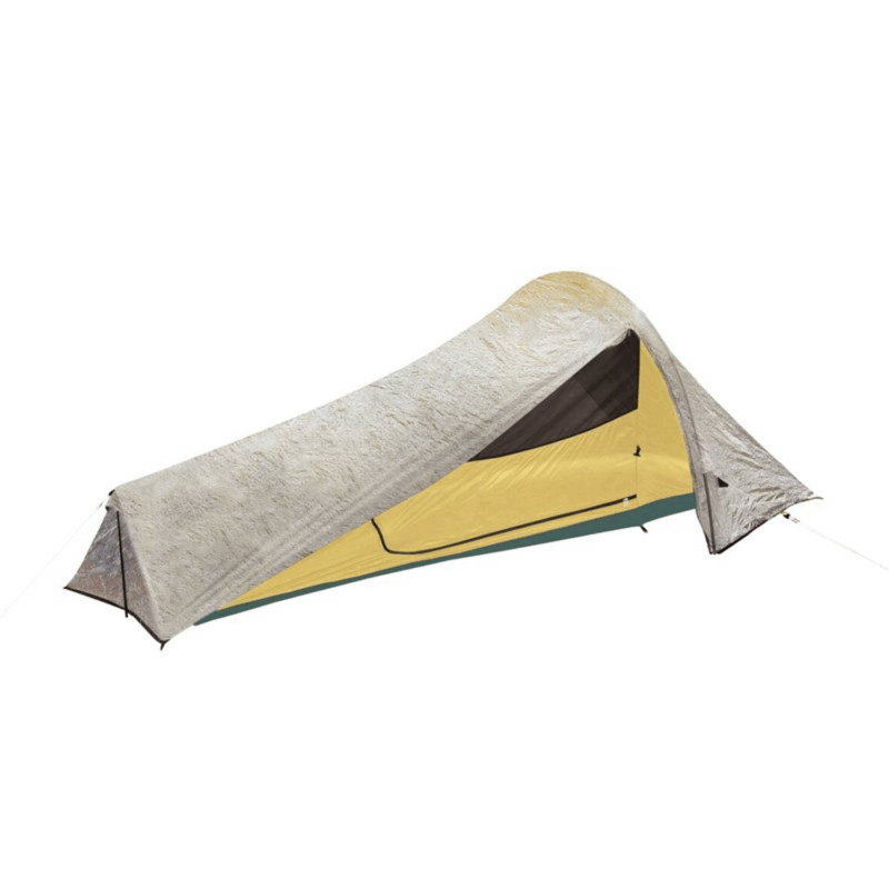 Low-profile single-person tunnel tent with a mottled silver-grey rainfly partially draped over a yellow inner tent and green floor, showing a mesh vent and side zip door and staked out with guylines.