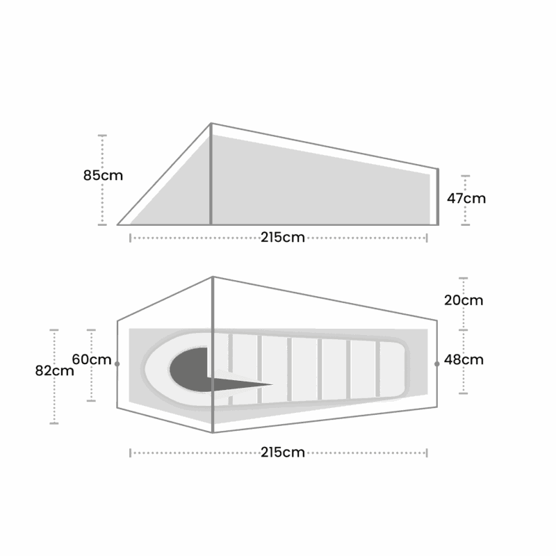 Two schematic views (side elevation and plan) of a tapered pod-like enclosure with a sloping roof, internal mattress and ribbed supports, annotated with dimensions: total length 215 cm, left external height 85 cm and external depth 82 cm, internal left width 60 cm, right wall height 47 cm with internal depth 48 cm and 20 cm upper clearance.