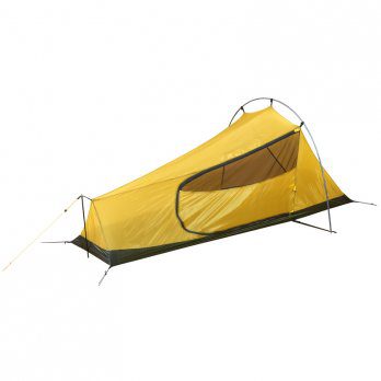 Low-profile yellow one-person backpacking tent with a side zipped mesh door, black floor, external pole frame and guylines.