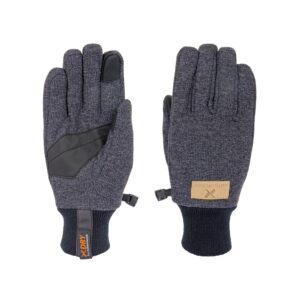 Dark grey knitted winter gloves on a white background; the left glove shows a black synthetic palm patch and touchscreen-friendly fingertip with a ribbed black cuff and tag, the right glove shows the back with a small tan logo patch.