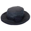 Dark navy wide-brimmed hat with a rounded crown, matching fabric band and a rolled rosette on one side.