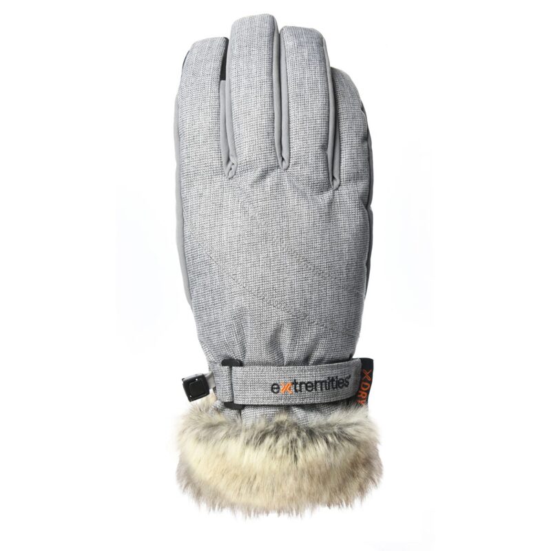 Grey padded winter glove with textured fabric, adjustable wrist strap showing the 'extremities' logo and a fluffy beige faux-fur cuff