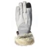 Light grey insulated winter glove with textured palm and reinforced black touchscreen-compatible fingertip, elasticated wrist and beige faux-fur cuff.