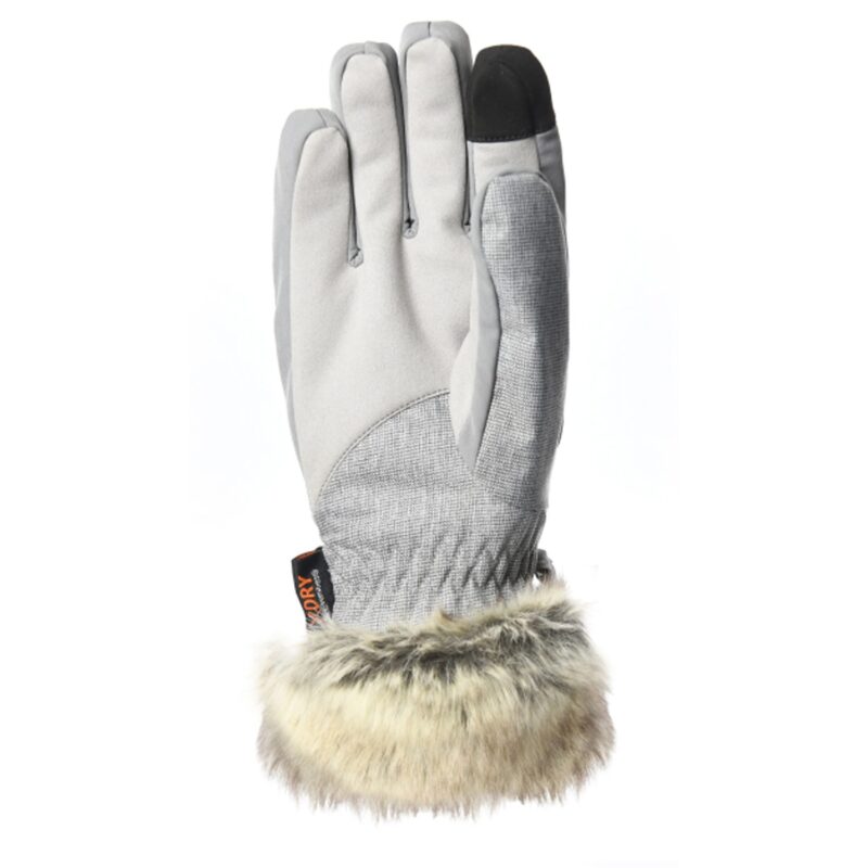 Light grey insulated winter glove with textured palm and reinforced black touchscreen-compatible fingertip, elasticated wrist and beige faux-fur cuff.