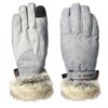 Pair of grey insulated winter gloves on a white background, with textured fabric backs, smooth palms and a black touchscreen fingertip, adjustable wrist strap stamped extremities, and plush faux-fur cuffs.