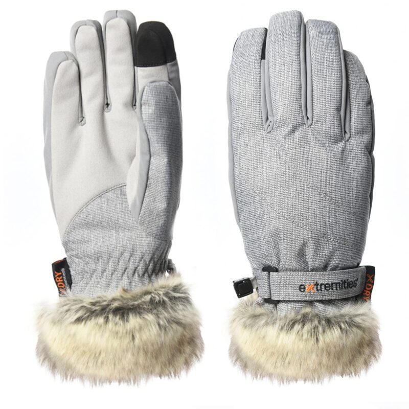 Pair of grey insulated winter gloves on a white background, with textured fabric backs, smooth palms and a black touchscreen fingertip, adjustable wrist strap stamped extremities, and plush faux-fur cuffs.