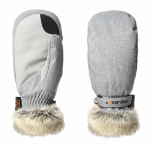 Light grey winter mittens shown front and back, with a smooth suede-like palm panel and black reinforcement, textured back with an adjustable wrist strap bearing the extremities logo, and fluffy faux-fur cuffs.