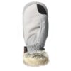 Single light-grey insulated mitten with textured fabric, black thumb reinforcement, elasticated wrist and beige faux-fur cuff