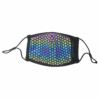 Reusable cloth face mask with black trim and adjustable ear loops, featuring an iridescent honeycomb hexagon pattern in blue, purple and green.