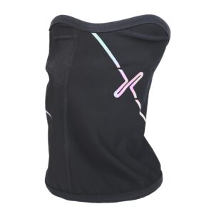 Black tubular neck gaiter with an iridescent pastel diagonal stripe, stitched side mesh panel and top seam, shown on a white background