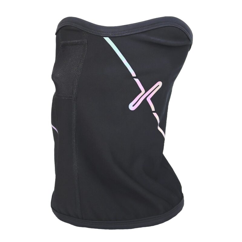 Black tubular neck gaiter with an iridescent pastel diagonal stripe, stitched side mesh panel and top seam, shown on a white background