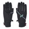 Pair of black winter gloves laid flat side by side — left glove palm-up and right glove back-up — with grey fingertip panels, an iridescent diagonal stripe and stylised logo on the back, plus small wrist clasp and labels.