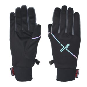 Pair of black winter gloves laid flat side by side — left glove palm-up and right glove back-up — with grey fingertip panels, an iridescent diagonal stripe and stylised logo on the back, plus small wrist clasp and labels.