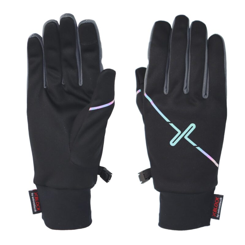 Pair of black winter gloves laid flat side by side — left glove palm-up and right glove back-up — with grey fingertip panels, an iridescent diagonal stripe and stylised logo on the back, plus small wrist clasp and labels.