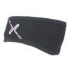 Black fabric headband with stitched top and bottom edges and a small iridescent pastel X logo on the left side.
