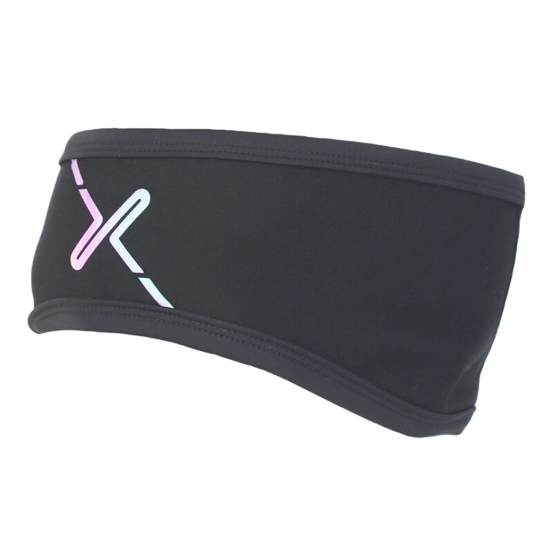 Black fabric headband with stitched top and bottom edges and a small iridescent pastel X logo on the left side.