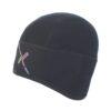 Black neoprene swim cap with stitched panel seams and a small iridescent abstract logo near the lower left edge.