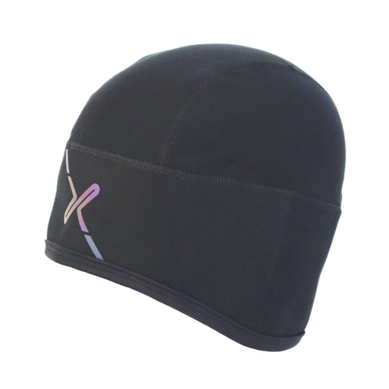 Black neoprene swim cap with stitched panel seams and a small iridescent abstract logo near the lower left edge.