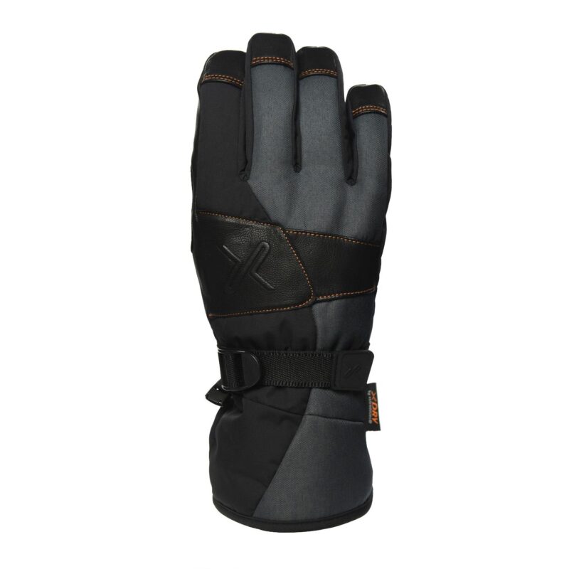 Black and grey insulated winter glove with orange contrast stitching, embossed X logo on the back, leather-look palm reinforcement, adjustable wrist strap and extended cuff