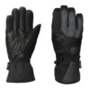 Pair of insulated winter gloves side by side, left glove palm-up showing black leather palm and elasticated wrist, right glove back-up in grey and black fabric with orange contrast stitching and an adjustable wrist strap.