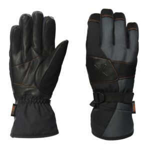 Pair of insulated winter gloves side by side, left glove palm-up showing black leather palm and elasticated wrist, right glove back-up in grey and black fabric with orange contrast stitching and an adjustable wrist strap.