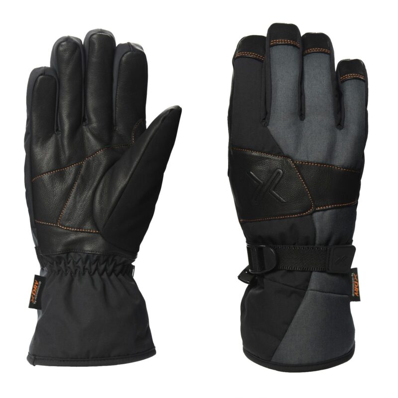 Pair of insulated winter gloves side by side, left glove palm-up showing black leather palm and elasticated wrist, right glove back-up in grey and black fabric with orange contrast stitching and an adjustable wrist strap.