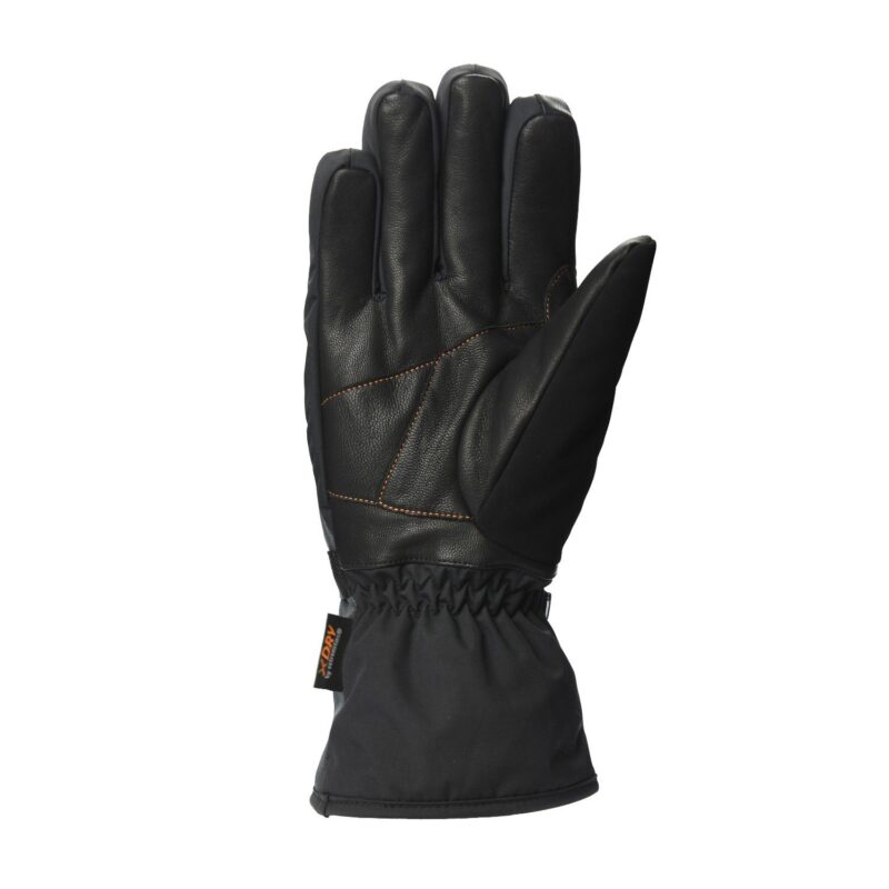 Black insulated winter glove showing a leather palm with reinforced thumb, orange contrast stitching, elasticated wrist and a long fabric cuff with a small brand tag.