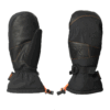 Pair of black insulated winter mittens shown side-by-side, one showing a smooth leather palm with orange contrast stitching and elasticated cuff with orange drawcord, the other showing a textured back panel with a wrist strap and embossed logo.