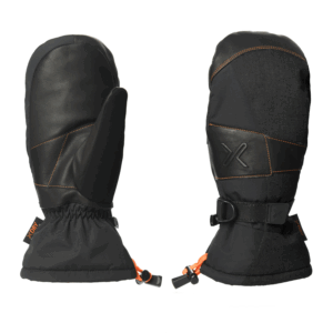 Pair of black insulated winter mittens shown side-by-side, one showing a smooth leather palm with orange contrast stitching and elasticated cuff with orange drawcord, the other showing a textured back panel with a wrist strap and embossed logo.