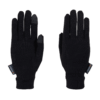 Pair of black lightweight gloves laid flat on a white background, one showing the palm side with grey touchscreen-compatible pads on the thumb and index fingertip and a small brand tag at the wrist, the other showing the back of the hand.
