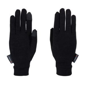 Pair of black lightweight gloves laid flat on a white background, one showing the palm side with grey touchscreen-compatible pads on the thumb and index fingertip and a small brand tag at the wrist, the other showing the back of the hand.