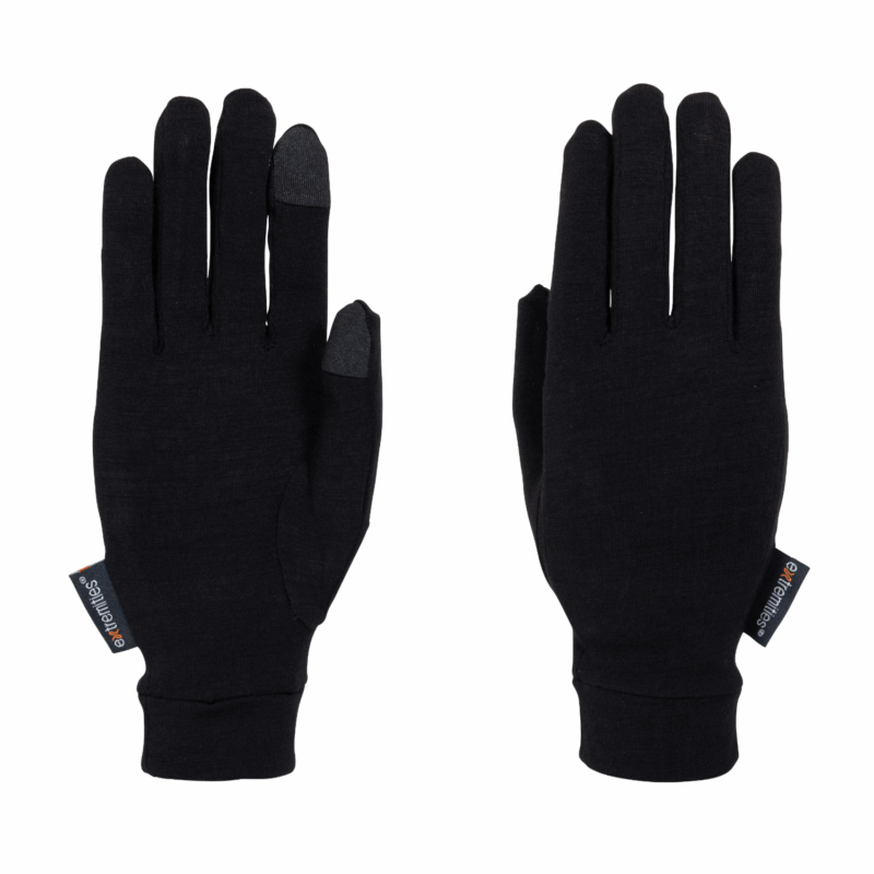 Pair of black lightweight gloves laid flat on a white background, one showing the palm side with grey touchscreen-compatible pads on the thumb and index fingertip and a small brand tag at the wrist, the other showing the back of the hand.