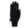 Black glove laid flat on a white background, with grey touchscreen-friendly tips on the thumb and index finger and a small fabric "extremities" tag at the cuff.