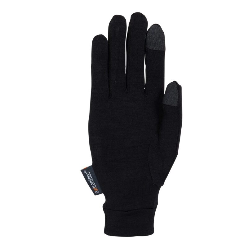Black glove laid flat on a white background, with grey touchscreen-friendly tips on the thumb and index finger and a small fabric "extremities" tag at the cuff.