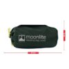 Dark green cylindrical stuff sack with white "moonlite sleeping bag cover" text and Terra Nova logo, yellow drawcord at left and red measurement arrows showing 21 cm length and 6 cm height.