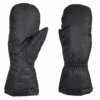 Pair of black insulated winter mittens on a white background, left showing palm and thumb seams and right showing the back with an elasticated wrist and short gauntlet secured by a hook-and-loop strap.