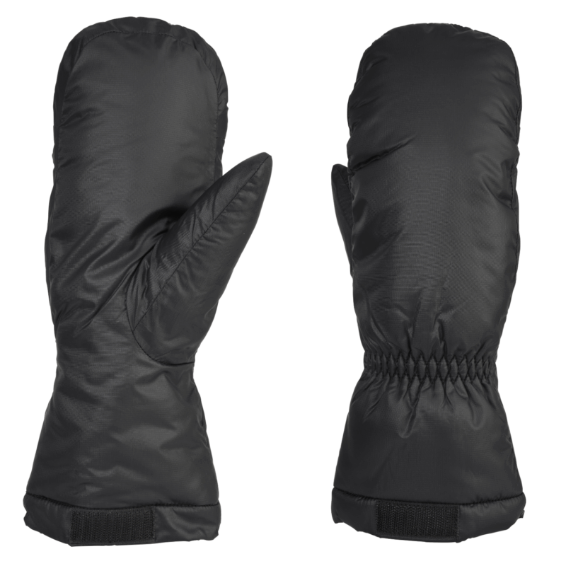 Pair of black insulated winter mittens on a white background, left showing palm and thumb seams and right showing the back with an elasticated wrist and short gauntlet secured by a hook-and-loop strap.